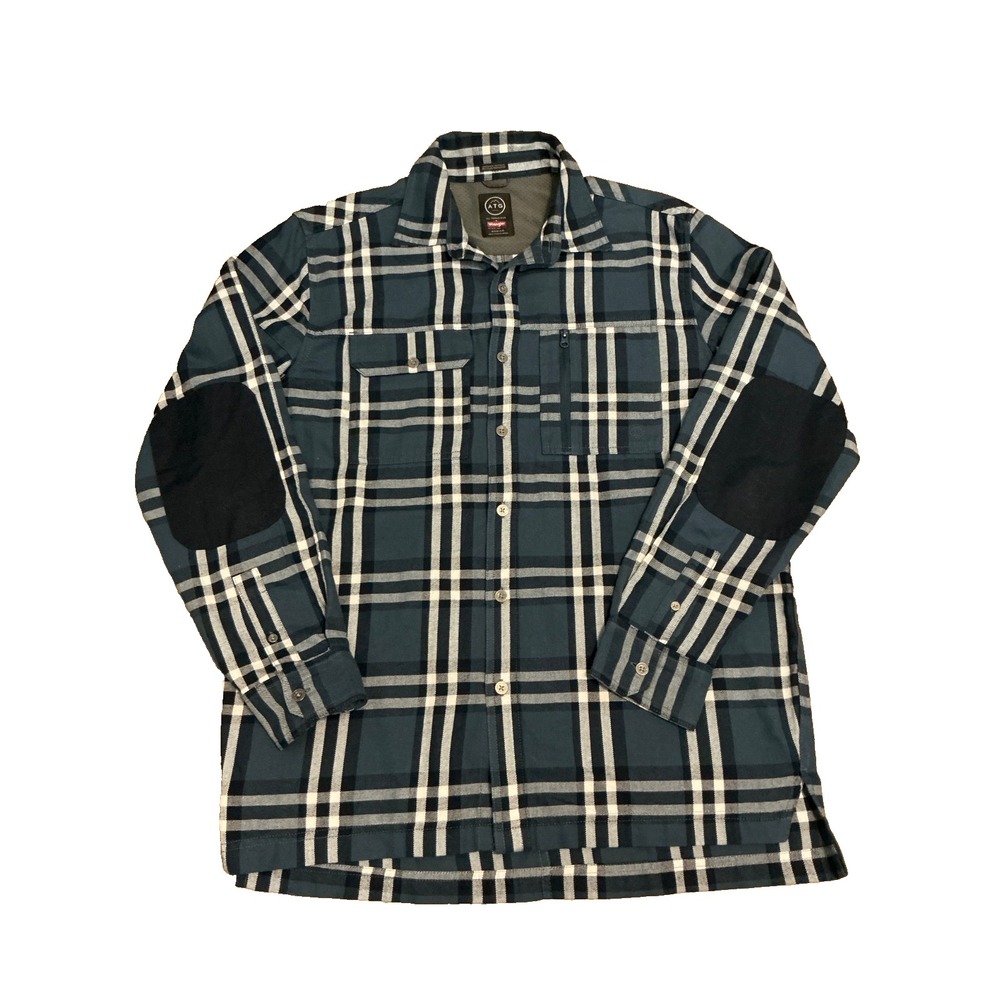 Wrangler All Terrain Gear Men's Medium Blue Plaid Long Sleeve Button Down Shirt